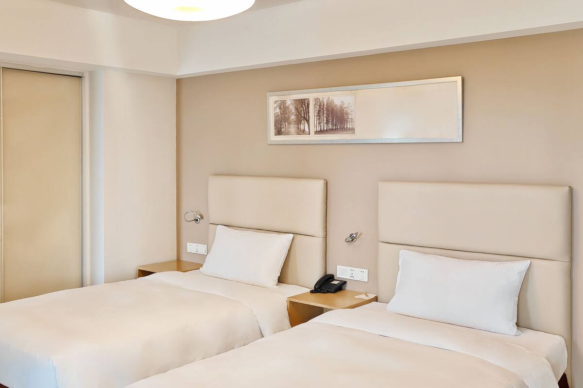 A hotel room with two beds, a bedside table with a phone, a wall-mounted picture, and a ceiling light.