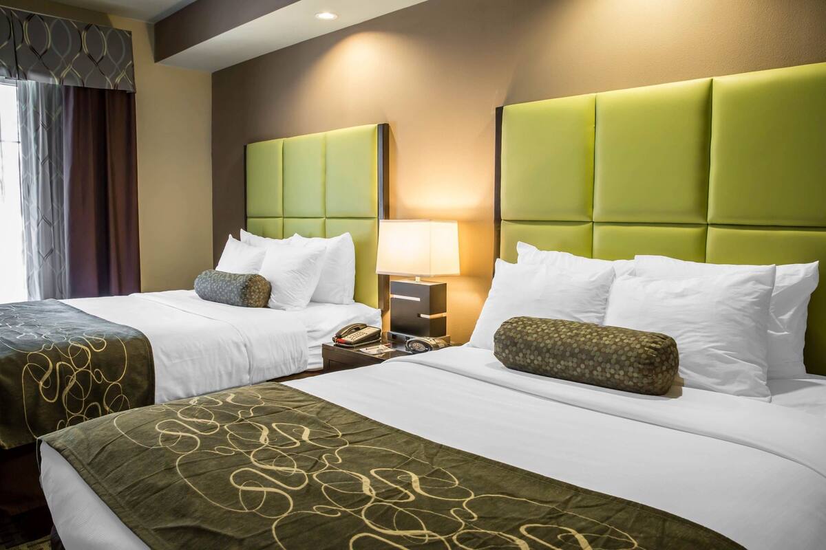 Une chambre d’hôtel avec deux lits, chacun doté d’une tête de lit verte, de draps blancs et d’une lampe sur la table de chevet.