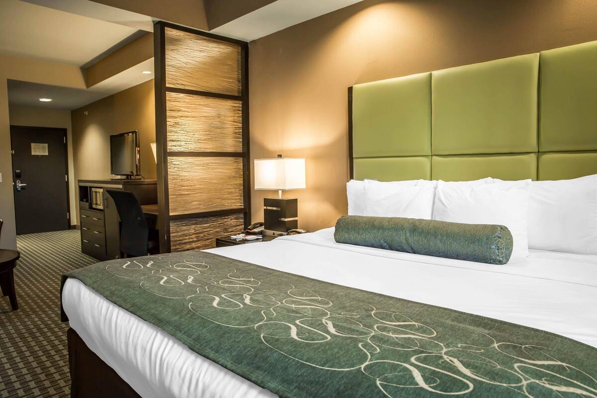 Une chambre d’hôtel avec un grand lit, une tête de lit verte, un bureau avec une chaise, une télévision et une lampe.