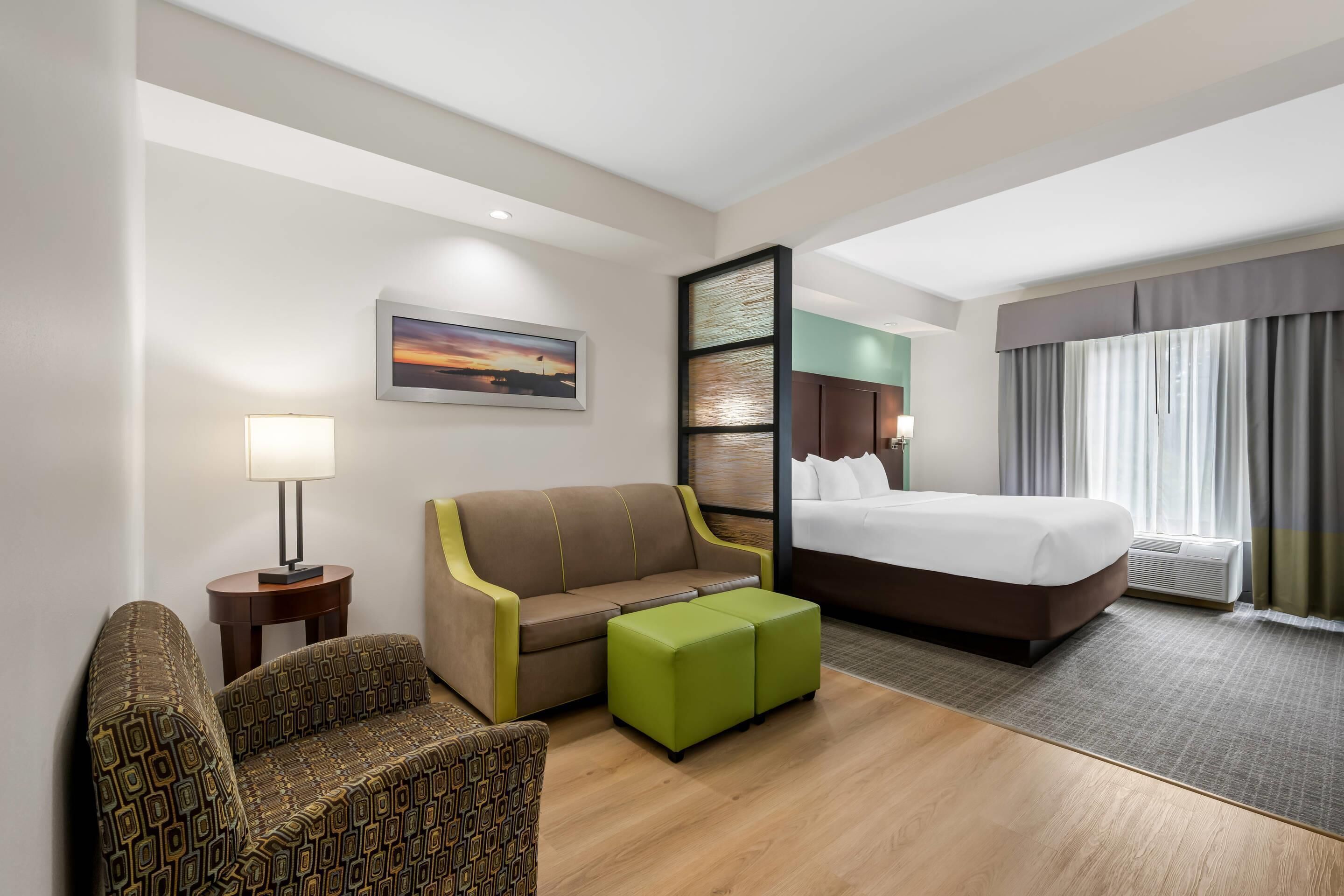 Una habitación de hotel con una cama, un sofá, una mesita, una lámpara y un cuadro en la pared.