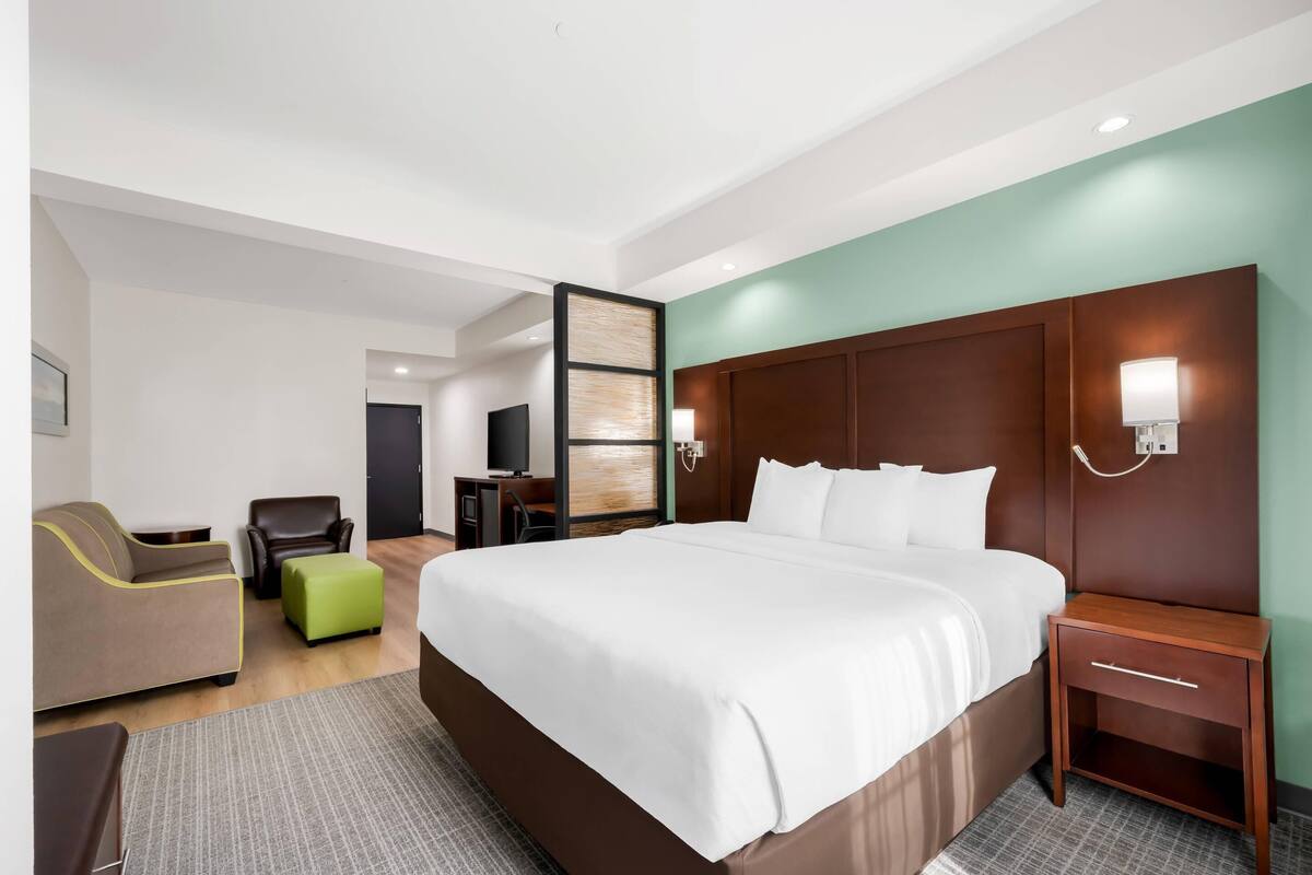 Suite, 1 kingsize bed met slaapbank, niet-roken, bubbelbad | Een bureau, een laptopwerkplek, verduisterende gordijnen