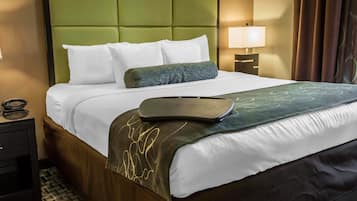 Desk, laptop workspace, blackout drapes, iron/ironing board