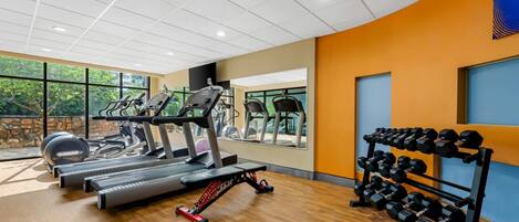 A gym with treadmills, a stationary bike, and a dumbbell rack.
