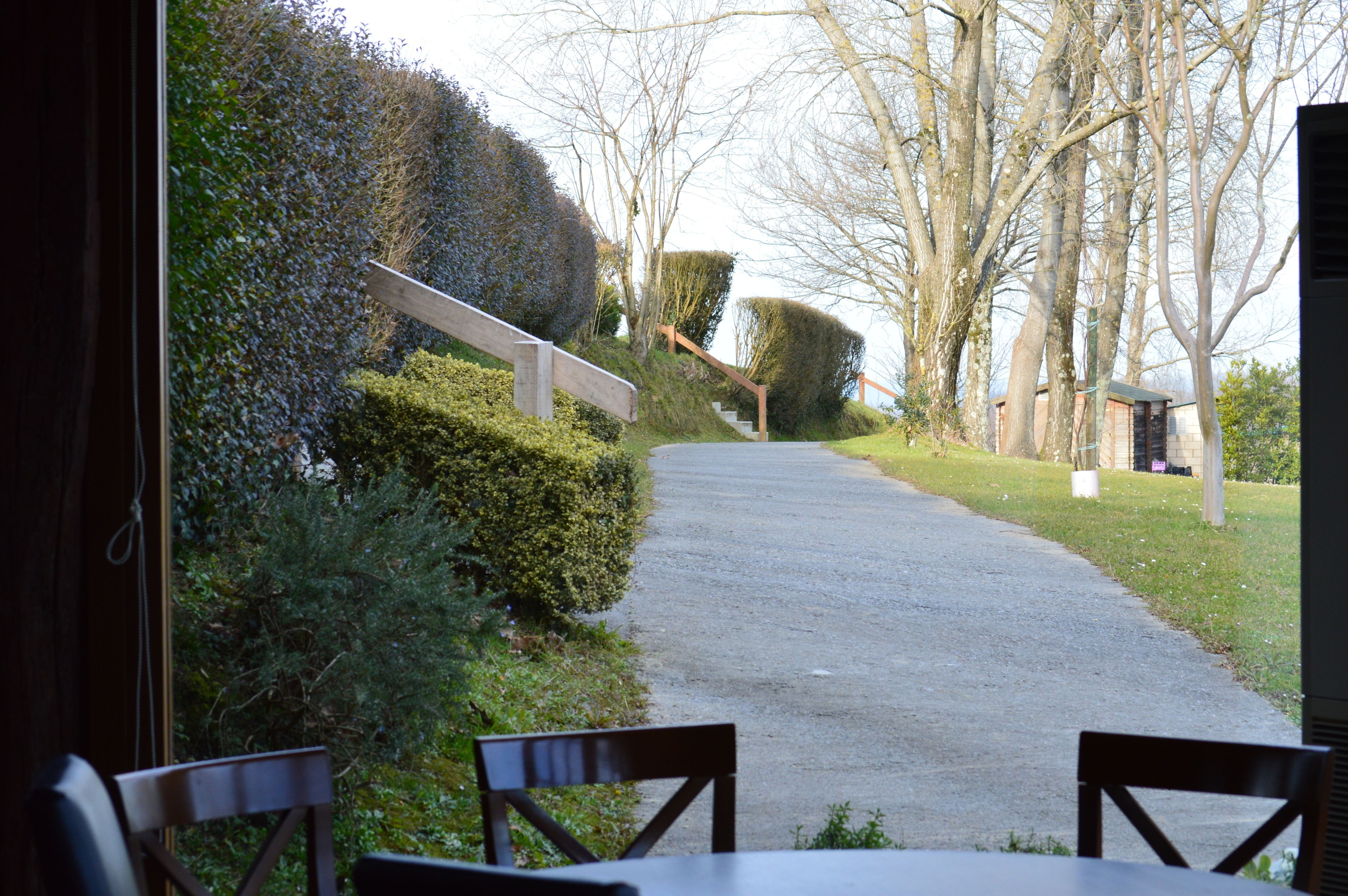 Un sendero que conduce a un edificio con una escalera de madera y un seto a la izquierda.