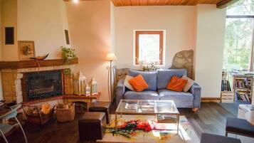 A cozy living room with a fireplace, a blue sofa with orange cushions, a glass coffee table, and a bookshelf filled with books.