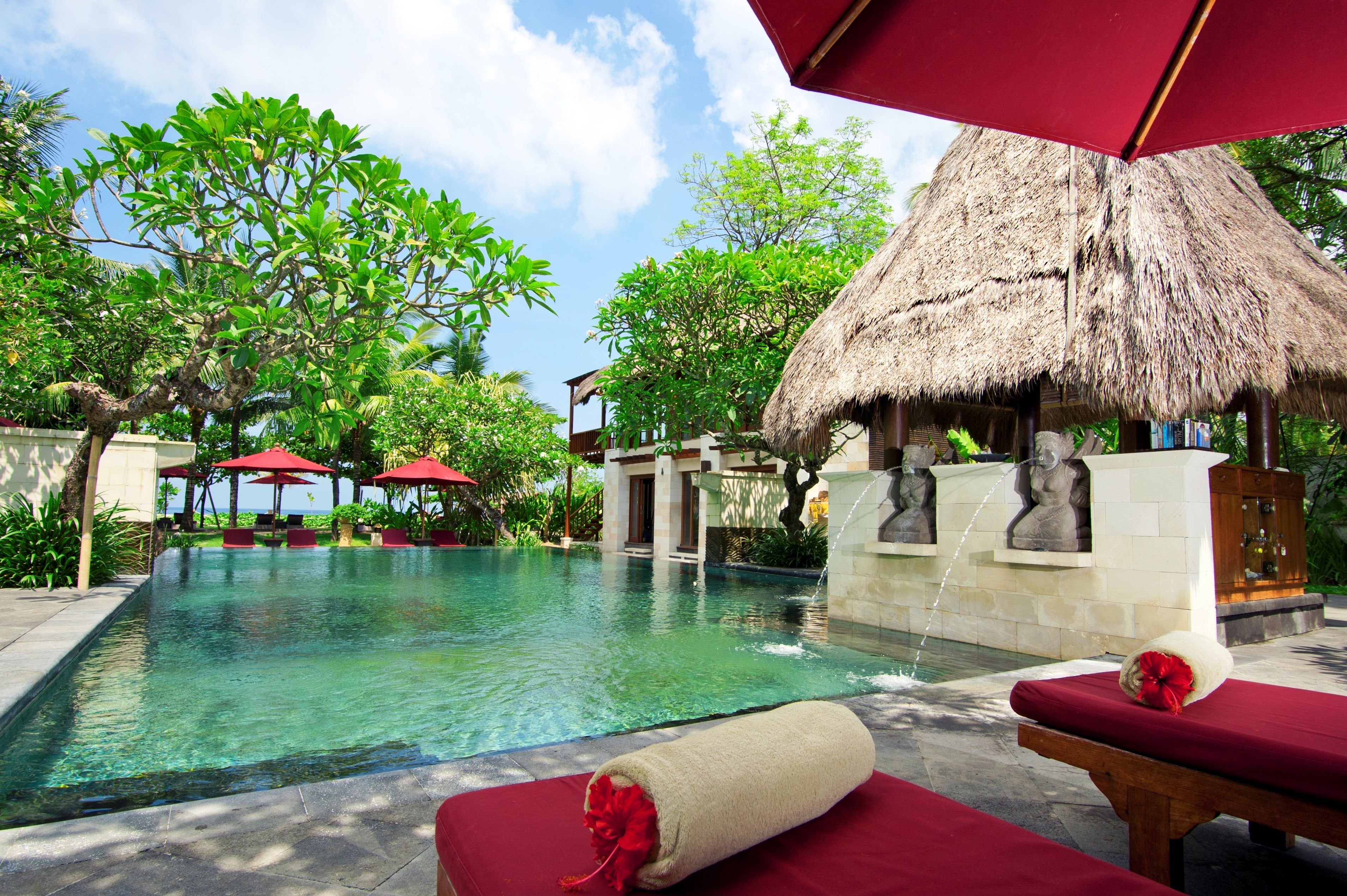 Indoor pool, outdoor pool, pool umbrellas