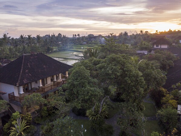 Experience a serene retreat amidst lush gardens and a picturesque rice paddy view.