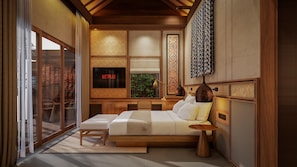 A modern bedroom with a large bed, a TV, and a view of greenery outside. - Sri Ratih Cottages (Ubud)