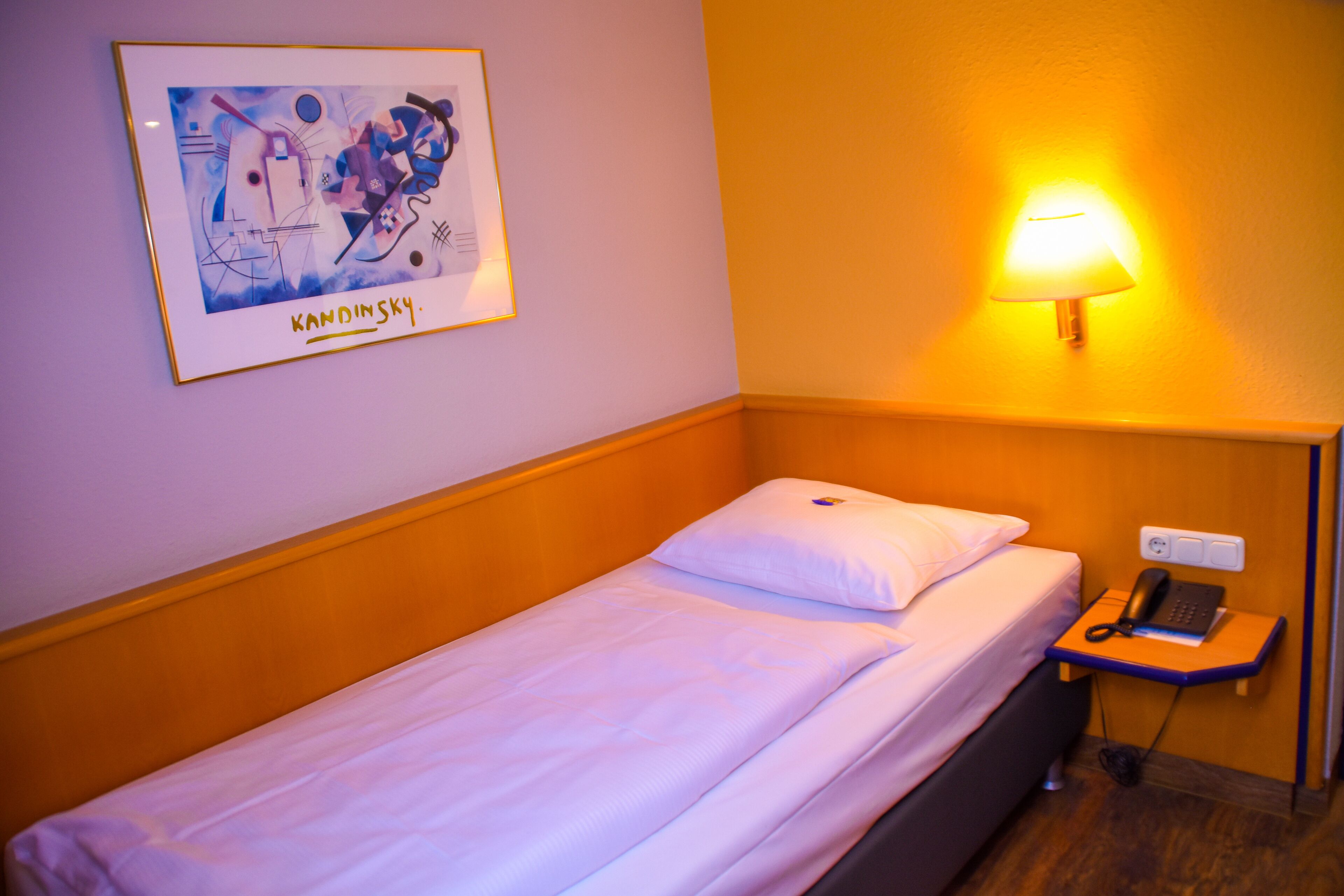 A single bed with a white mattress and pillow, a framed artwork on the wall, a bedside lamp, and a phone on a small table beside the bed.