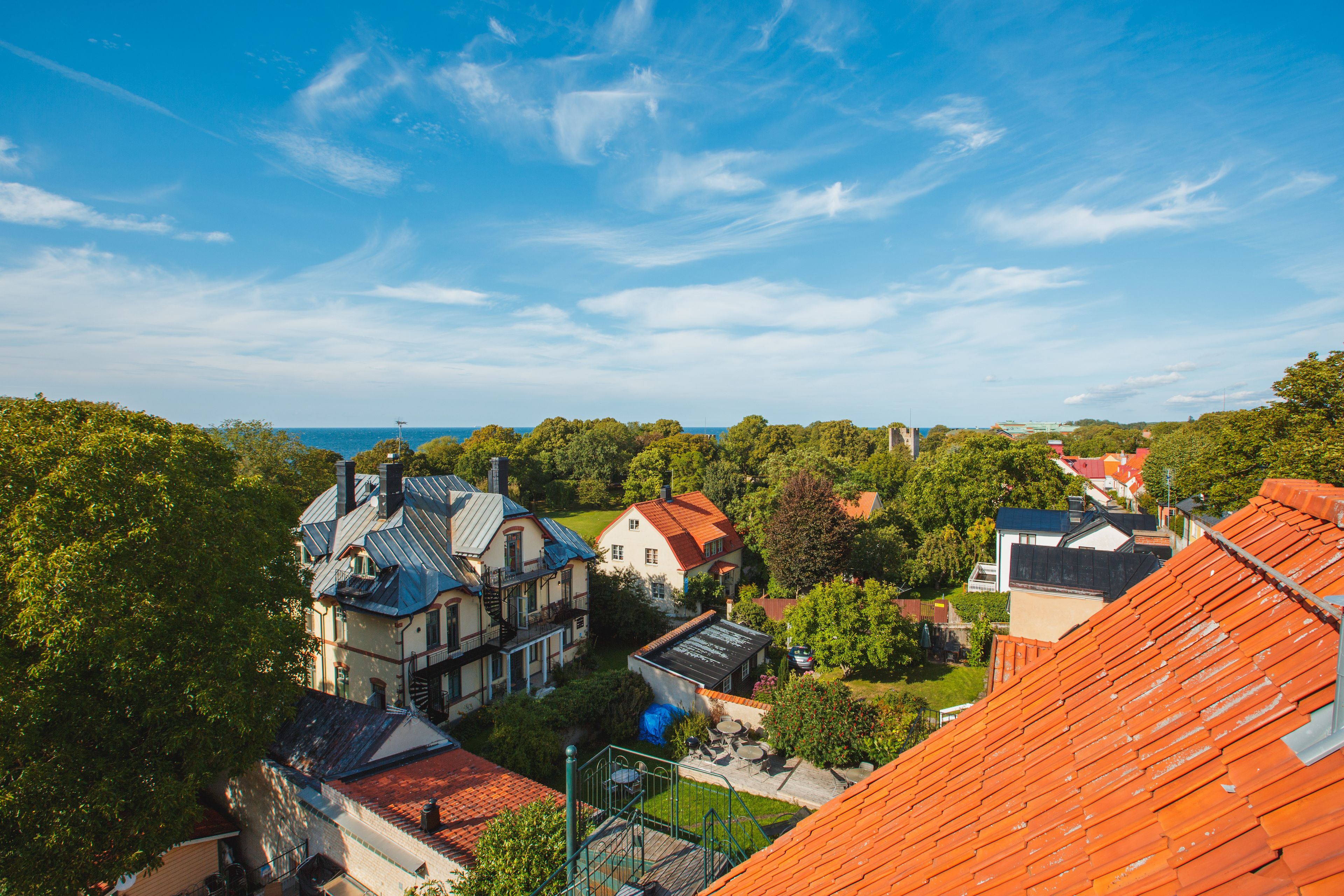 A residential area with houses featuring red and blue roofs, surrounded by greenery and trees.