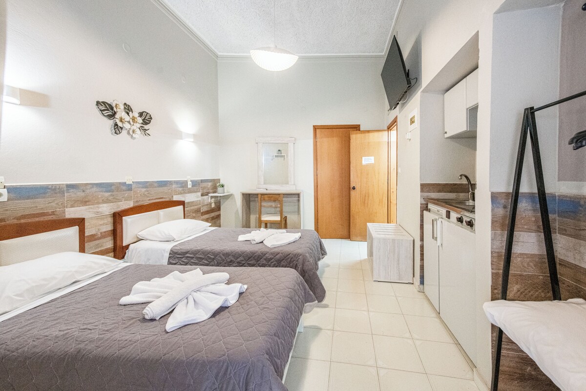 A hotel room with two beds, a small kitchenette, a mirror, and a television.