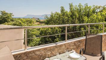 A terrace with a table set for two, overlooking a vineyard and distant mountains.
