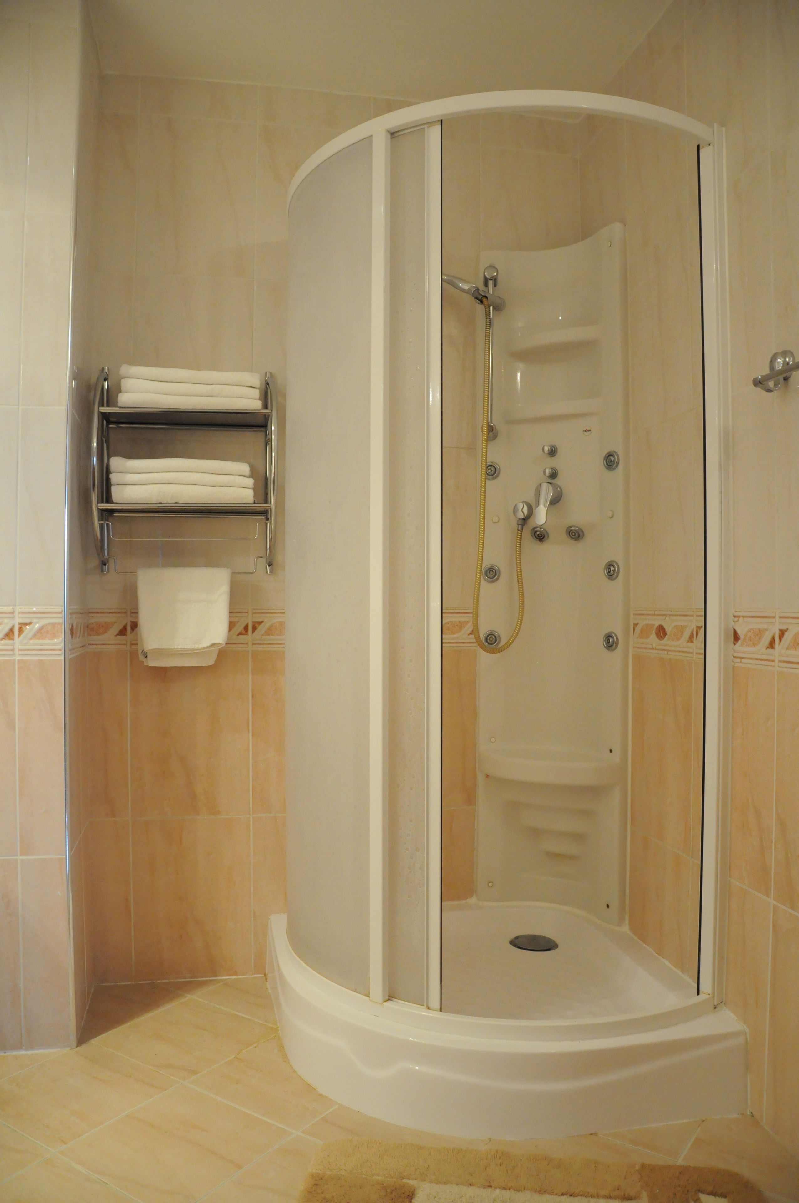 A walk-in shower with a glass door, a towel rack with folded towels, and a showerhead.