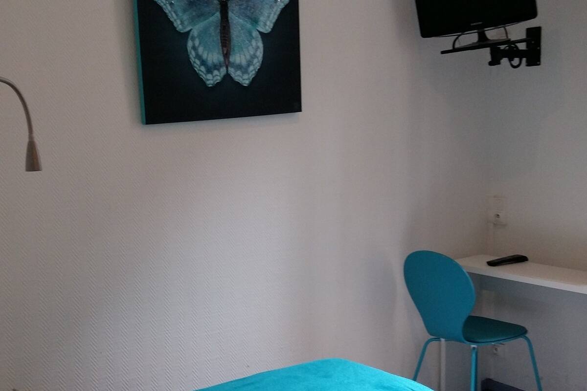 Ein Schlafzimmer mit Bett, Kissen, Schreibtisch mit Stuhl, Fernseher und Wandbild.