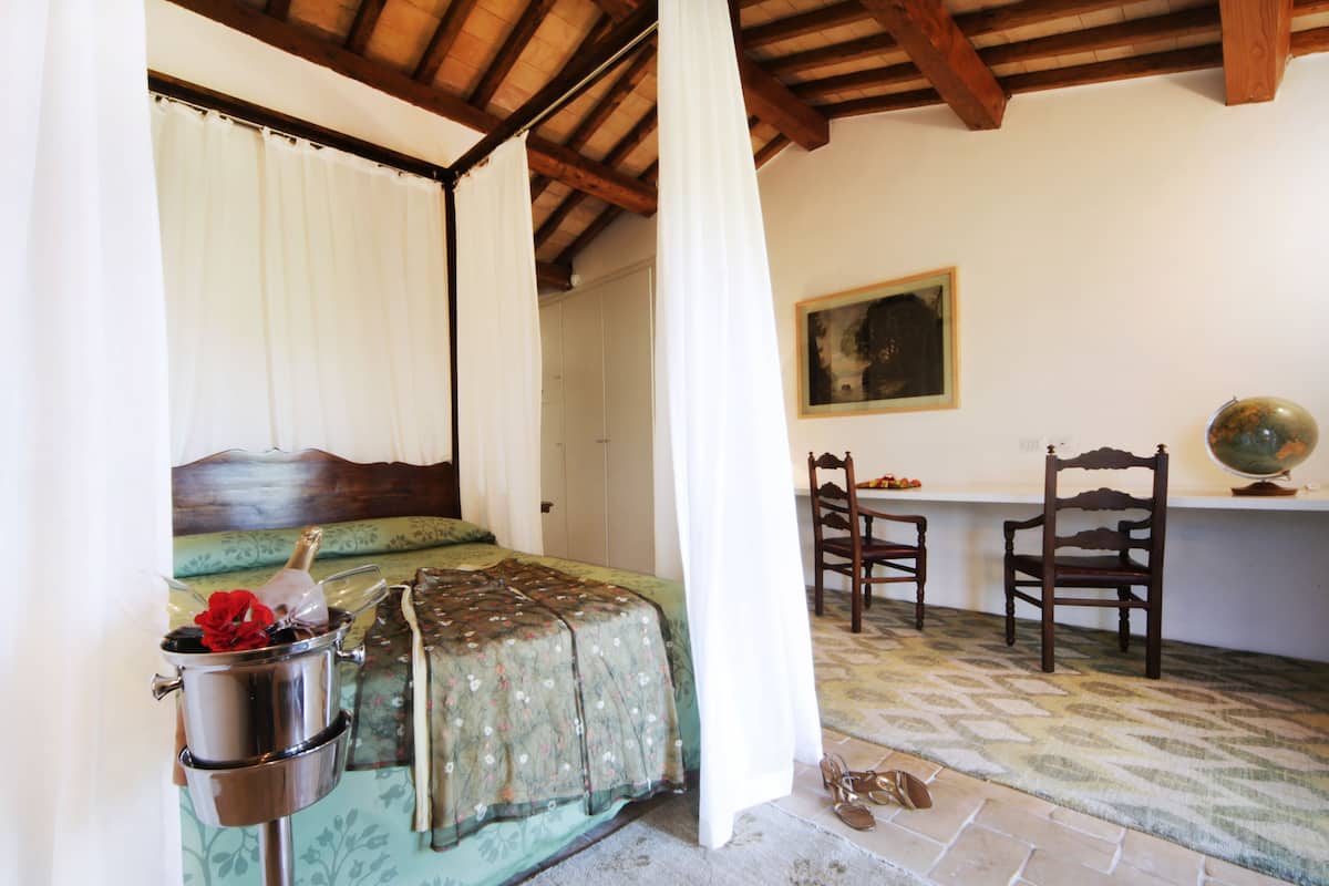 A bedroom with a bed, a chair, a desk, and a globe.