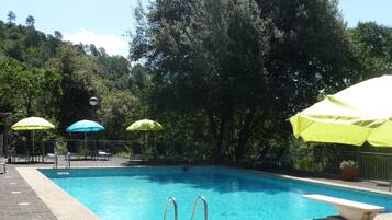 Outdoor pool, pool umbrellas, sun loungers