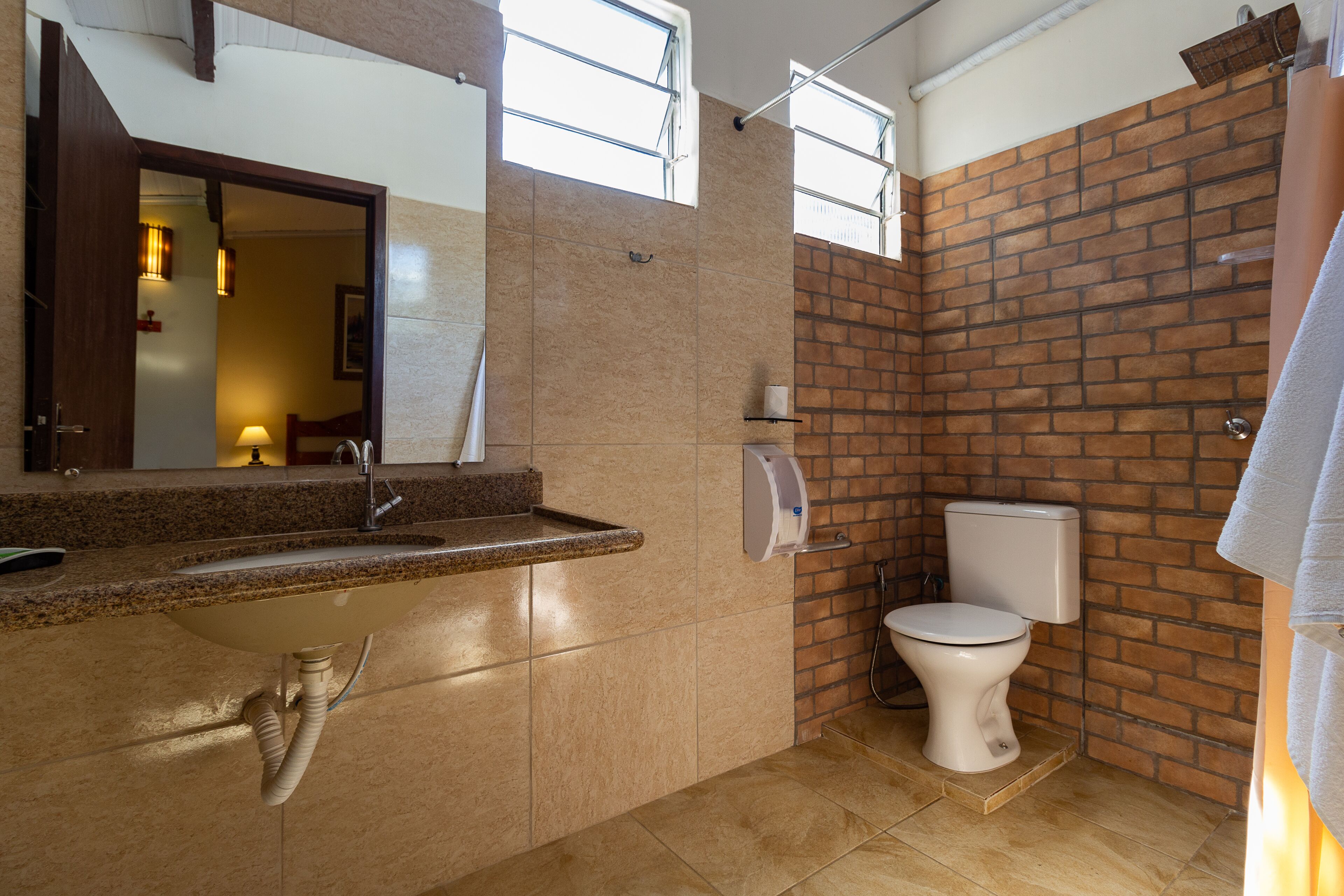 A bathroom with a sink, toilet, and a mirror.