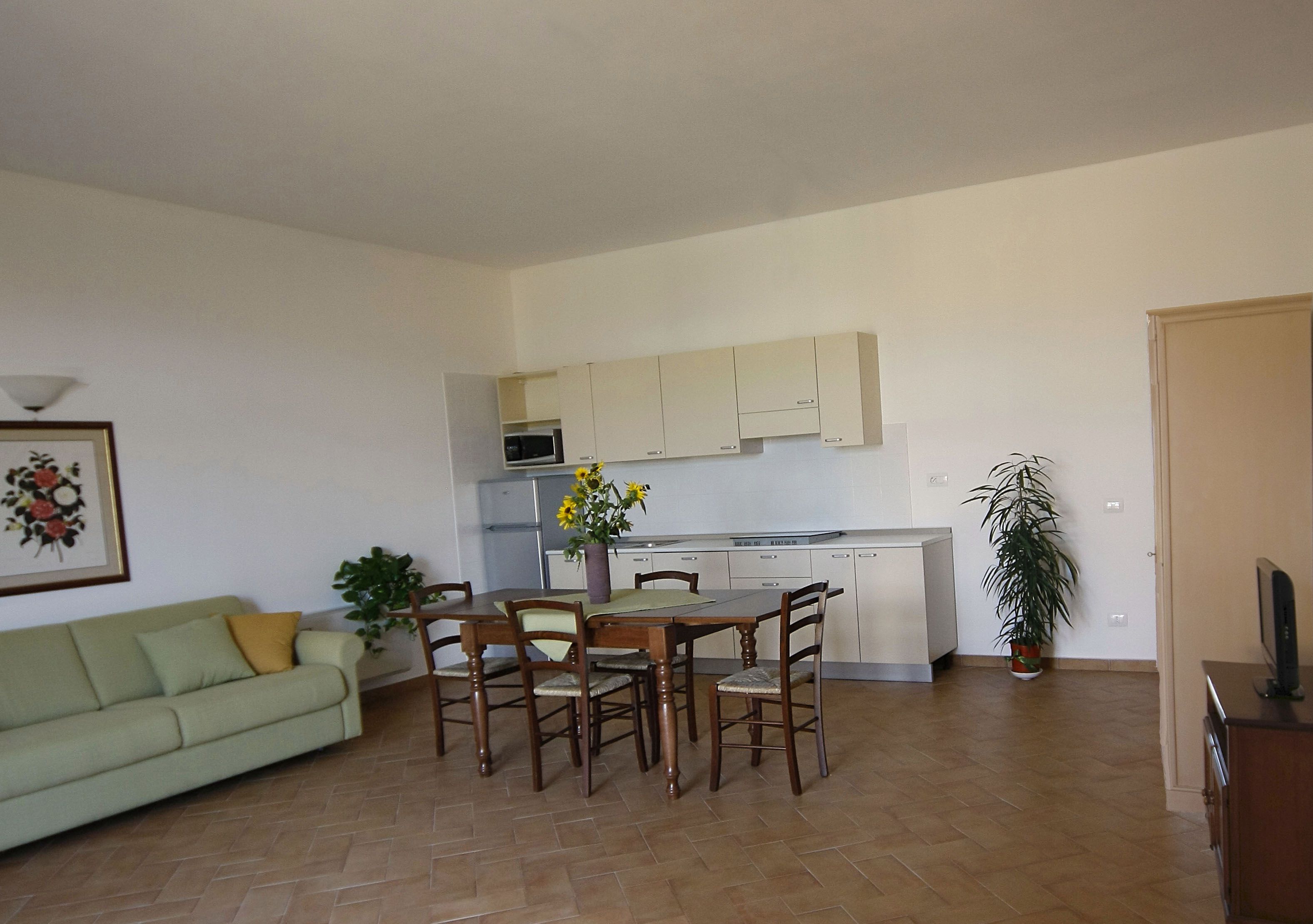 A compact living space with a dining area, kitchenette, and a sofa.
