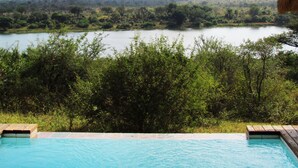 A pool with a view of a lake and surrounding greenery.