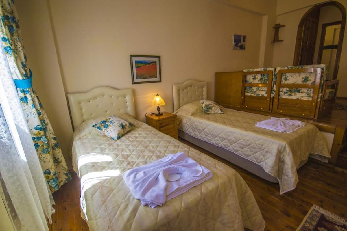 Une chambre avec deux lits, une table de chevet avec une lampe, une commode en bois et un tableau au mur.