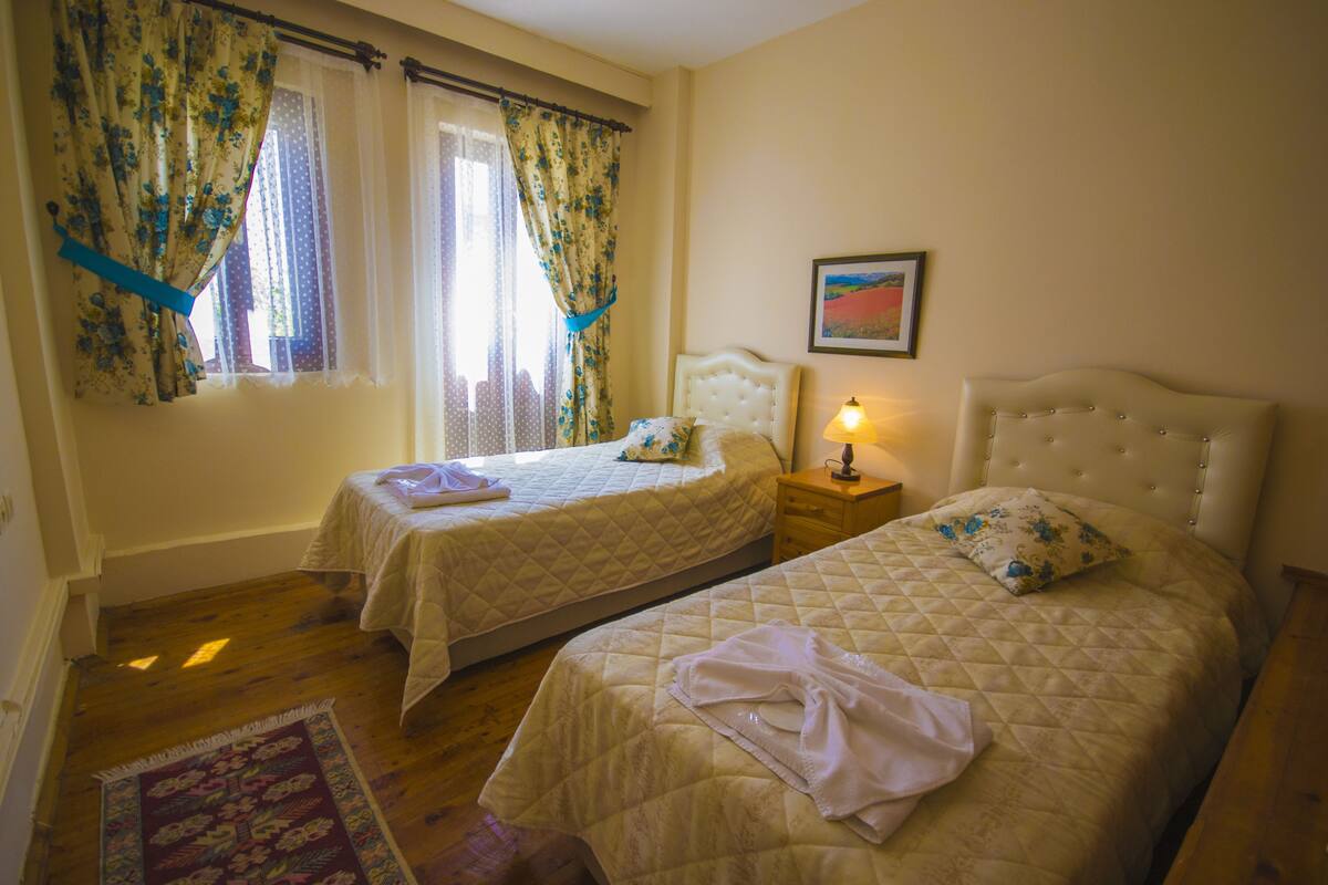 Une chambre avec deux lits, une table de chevet, une lampe et un tableau au mur.