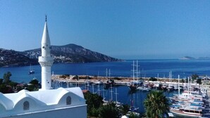 A coastal marina with boats, a mosque with a minaret, and a mountainous backdrop. - Kleo Pension (Kas)