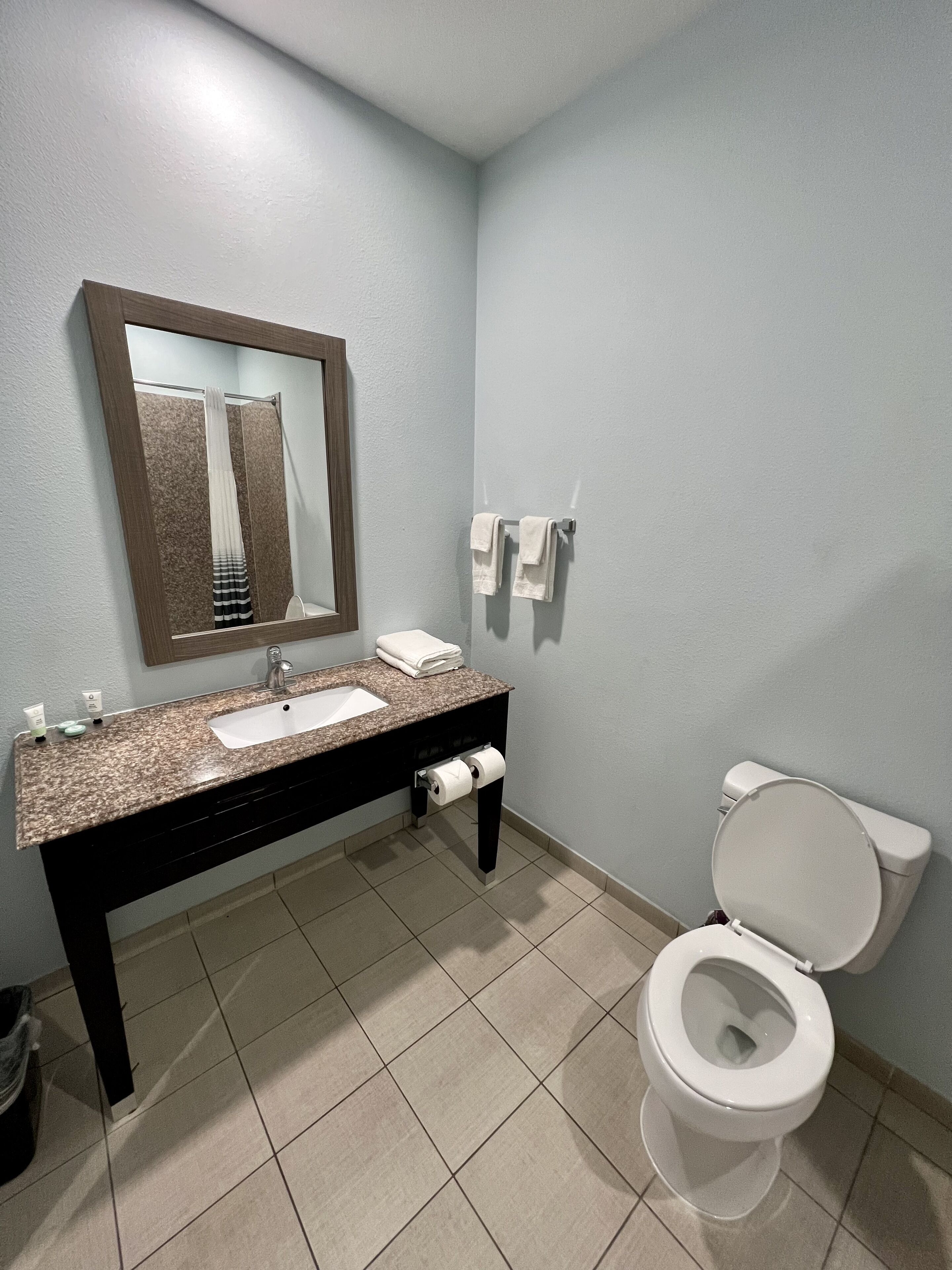 Et badeværelse med vask, spejl, håndklædestang, toilet og flisegulv.