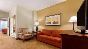 Habitación de hotel con sofá, sillón, televisión y una obra de arte enmarcada en la pared.