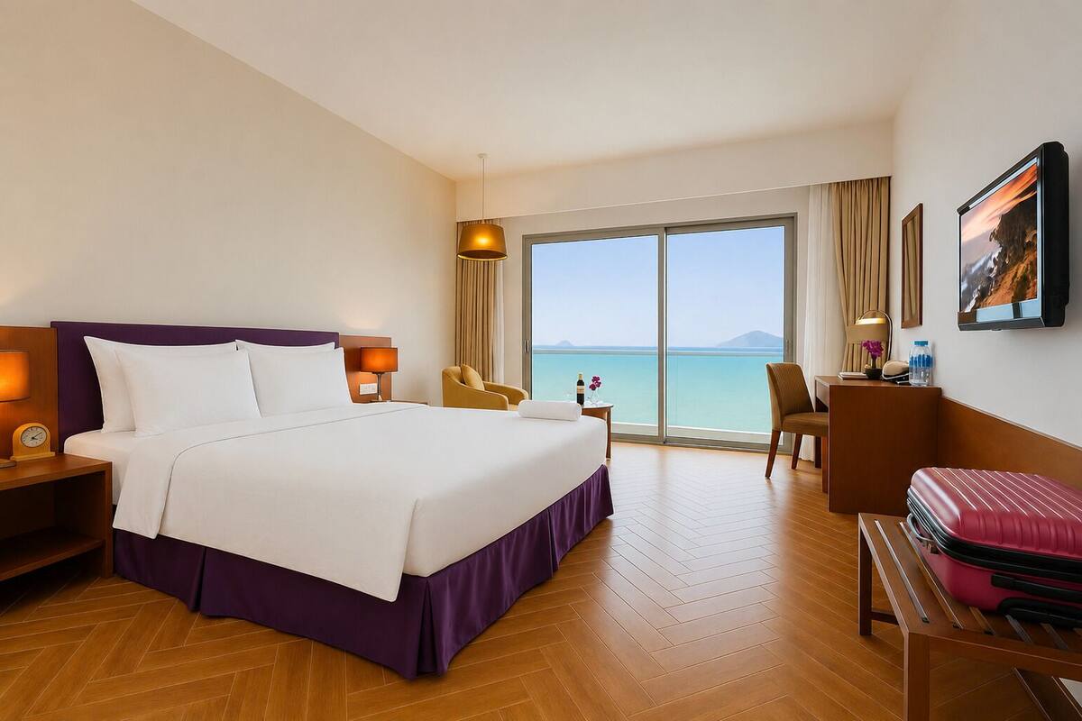 Habitación de hotel con una cama grande, un escritorio, una silla, un televisor y vistas al mar.