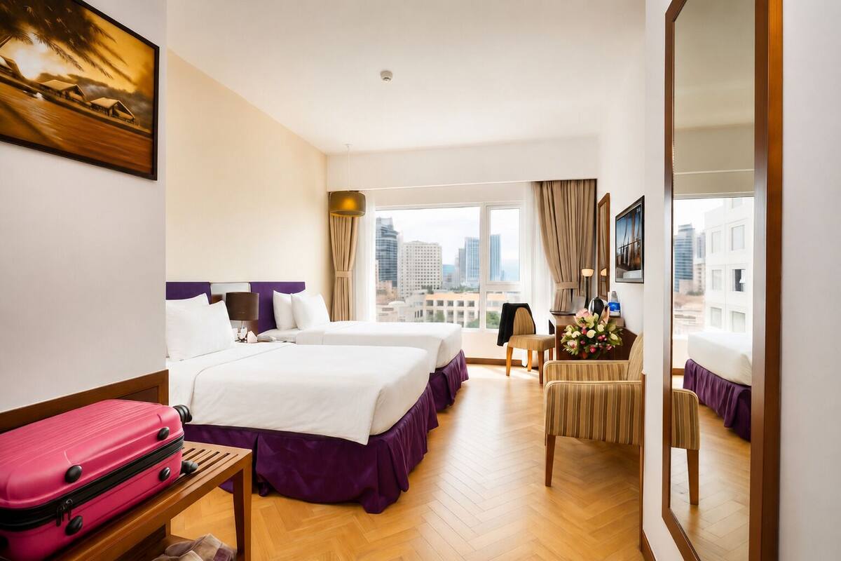 Habitación de hotel con dos camas, un escritorio, una silla, un espejo y una ventana con vista a la ciudad.
