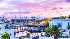 Uma marina com barcos atracados, um cais e edifícios iluminados.