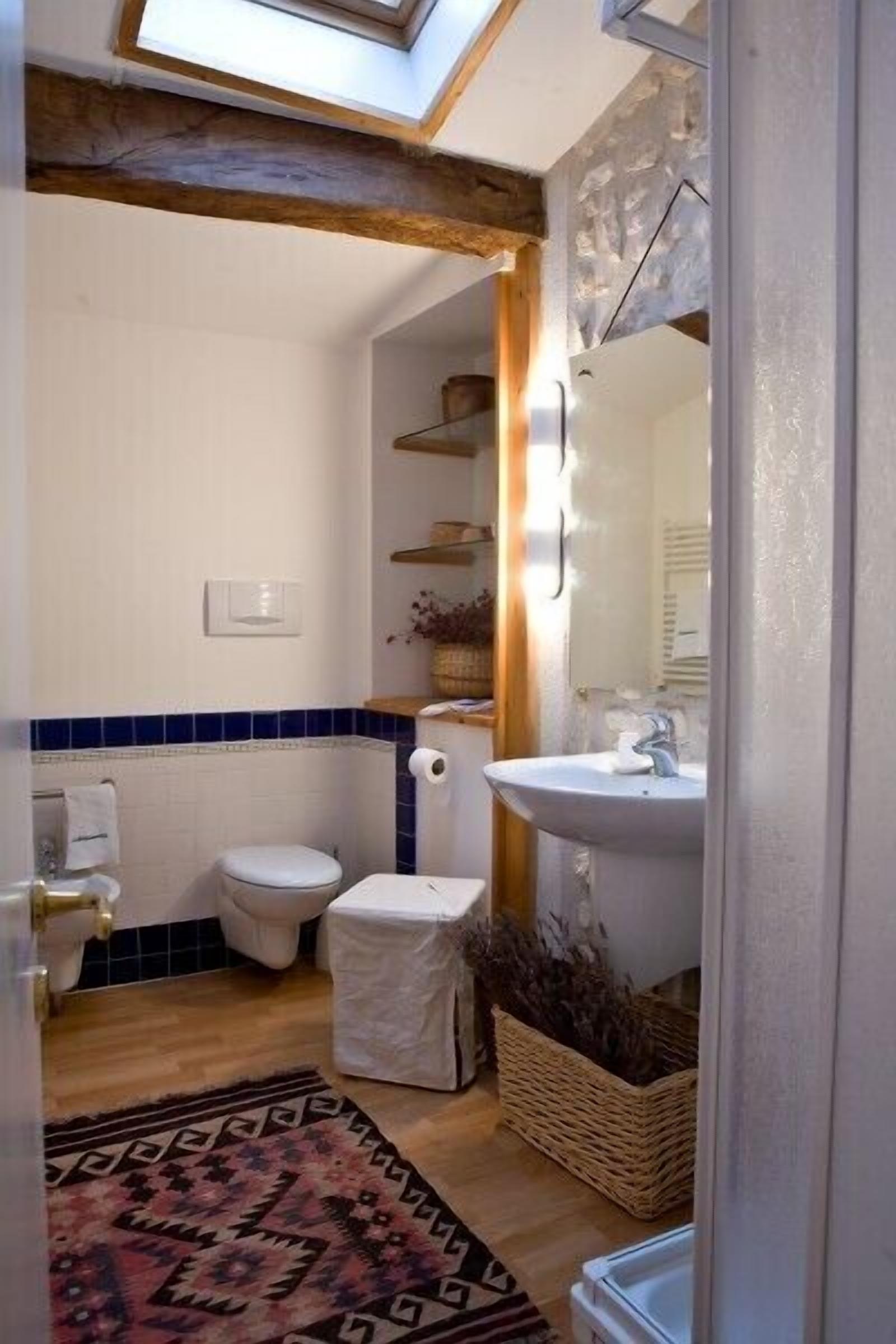 Une petite salle de bain avec un puits de lumière, des toilettes blanches, un lavabo et un tapis à motifs.