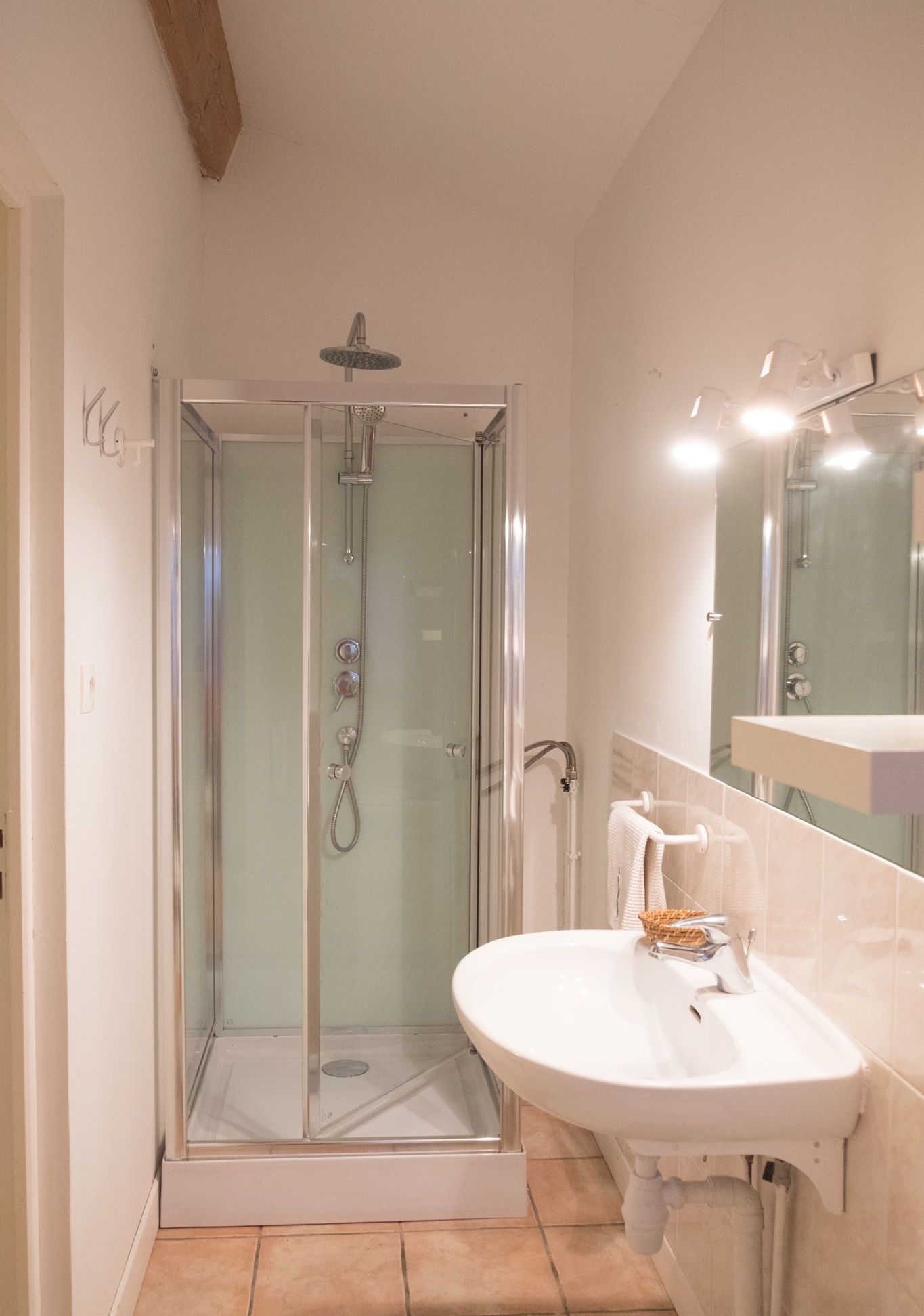 Un bagno con doccia vetrata, un lavandino bianco e uno specchio sopra il lavandino.