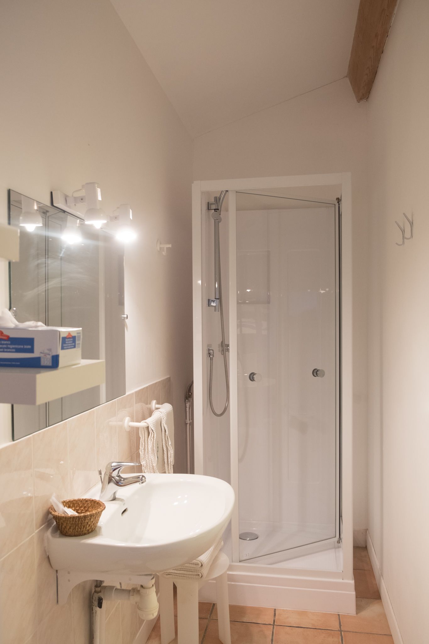 A bathroom with a white sink, a glass shower enclosure, and a mirror with lights.