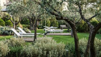 Ein friedlicher Garten mit Liegestühlen und einem kleinen Tisch, umgeben von üppigem Grün und Bäumen.