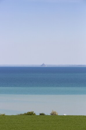 Un paysage côtier avec un premier plan herbeux et une vue sur la mer.