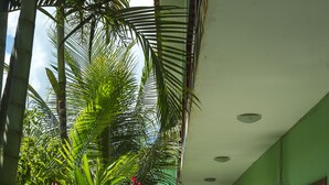 Un couloir aux murs verts, au sol carrelé et équipé de climatiseurs.