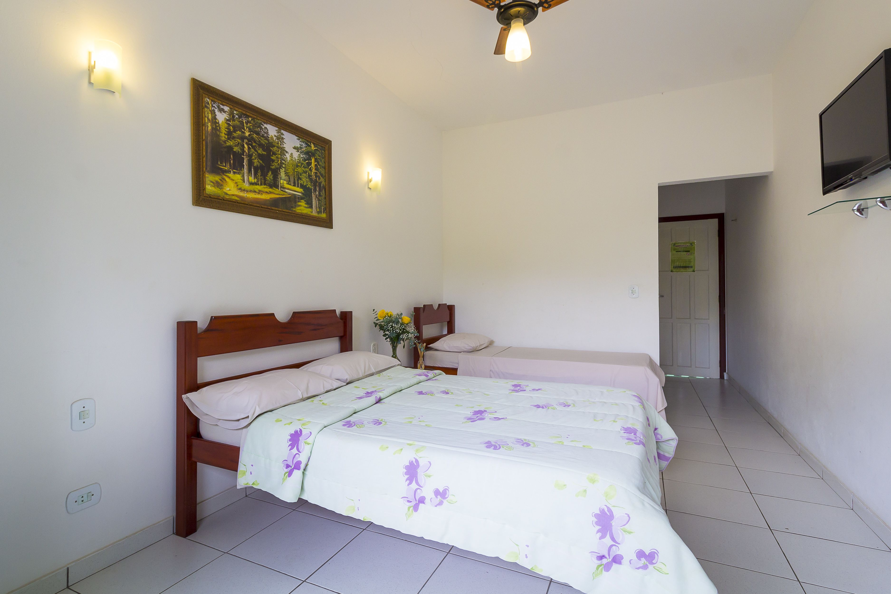 A bedroom with two beds, a ceiling fan, a TV, and a painting on the wall.