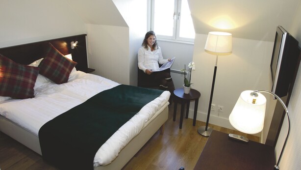 Una habitación de hotel con una cama, una mesita de noche con lámpara, una pequeña mesa con planta en maceta y una ventana con luz natural.