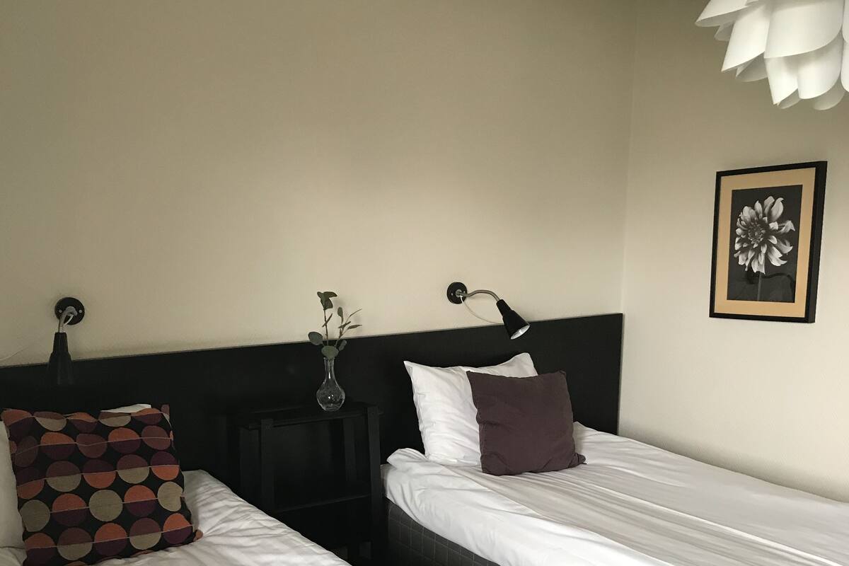 Una habitación de hotel con dos camas, una mesita de noche con lámpara, un jarrón con flores y un cuadro en la pared.