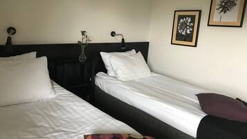 A hotel room with two single beds, a nightstand with a vase, and a wall-mounted lamp.