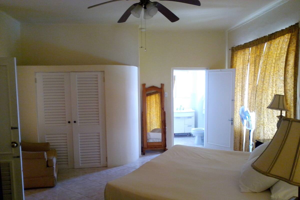 A bedroom with a bed, a ceiling fan, a chair, and a door leading to a bathroom.