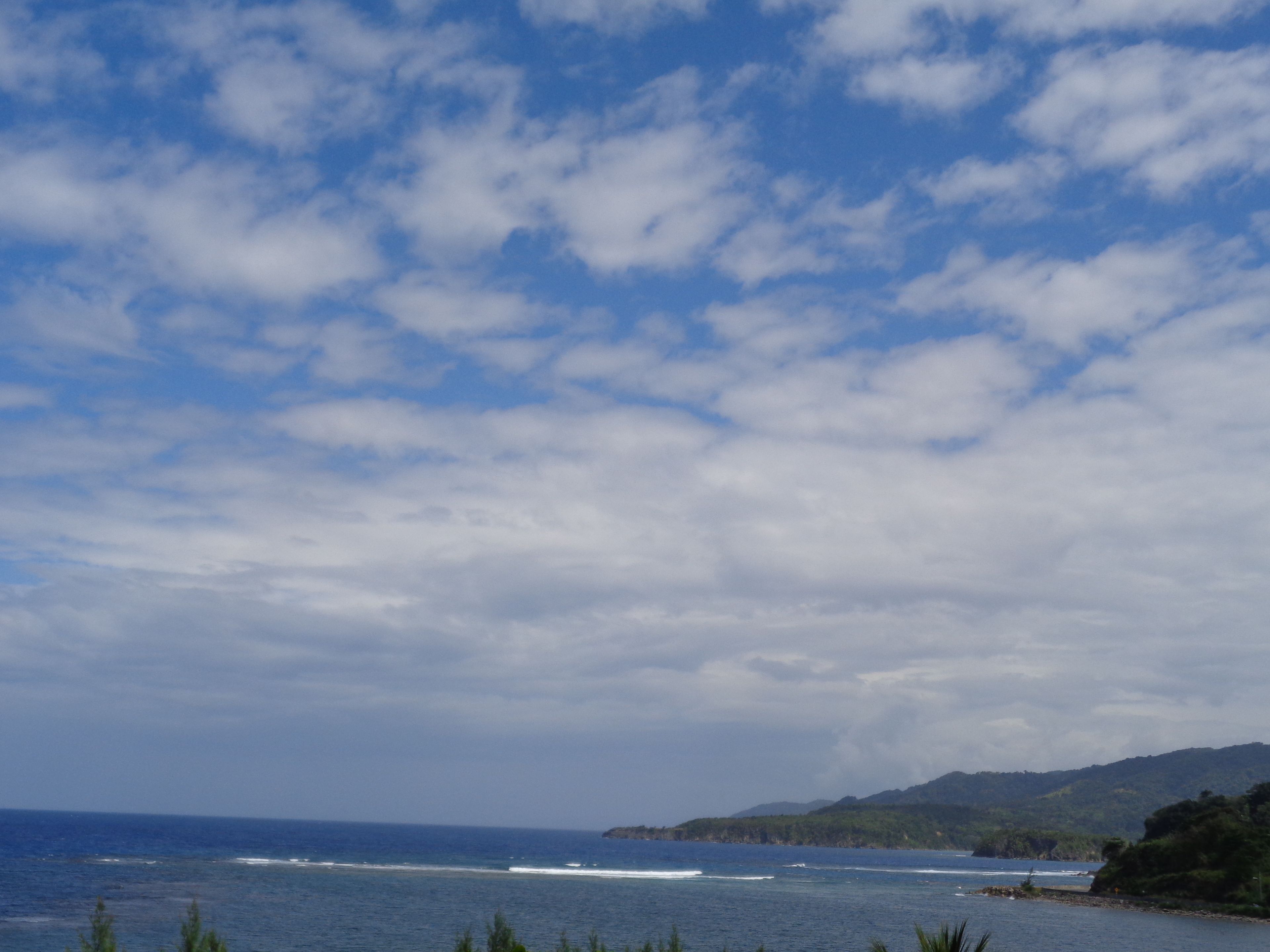 A coastal landscape with a view of the ocean and distant hills.