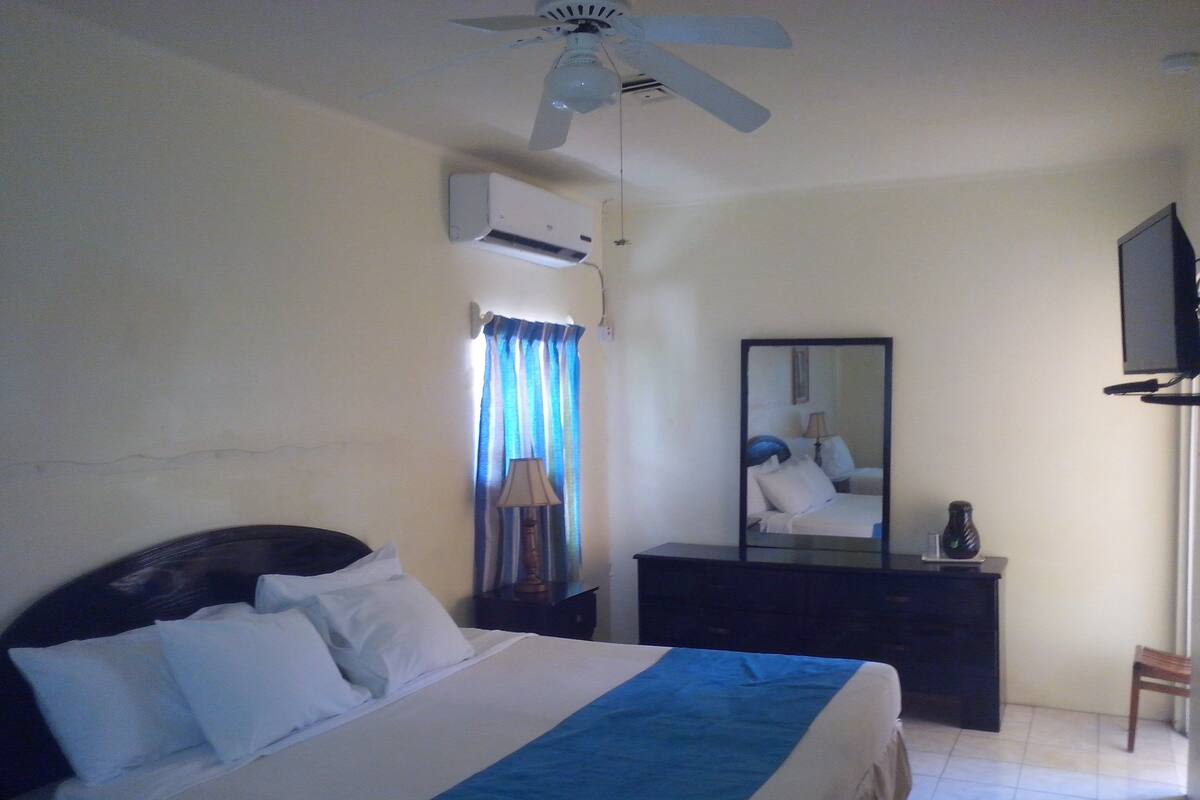 A hotel room with a bed, a ceiling fan, an air conditioning unit, a mirror, a dresser, and a television.