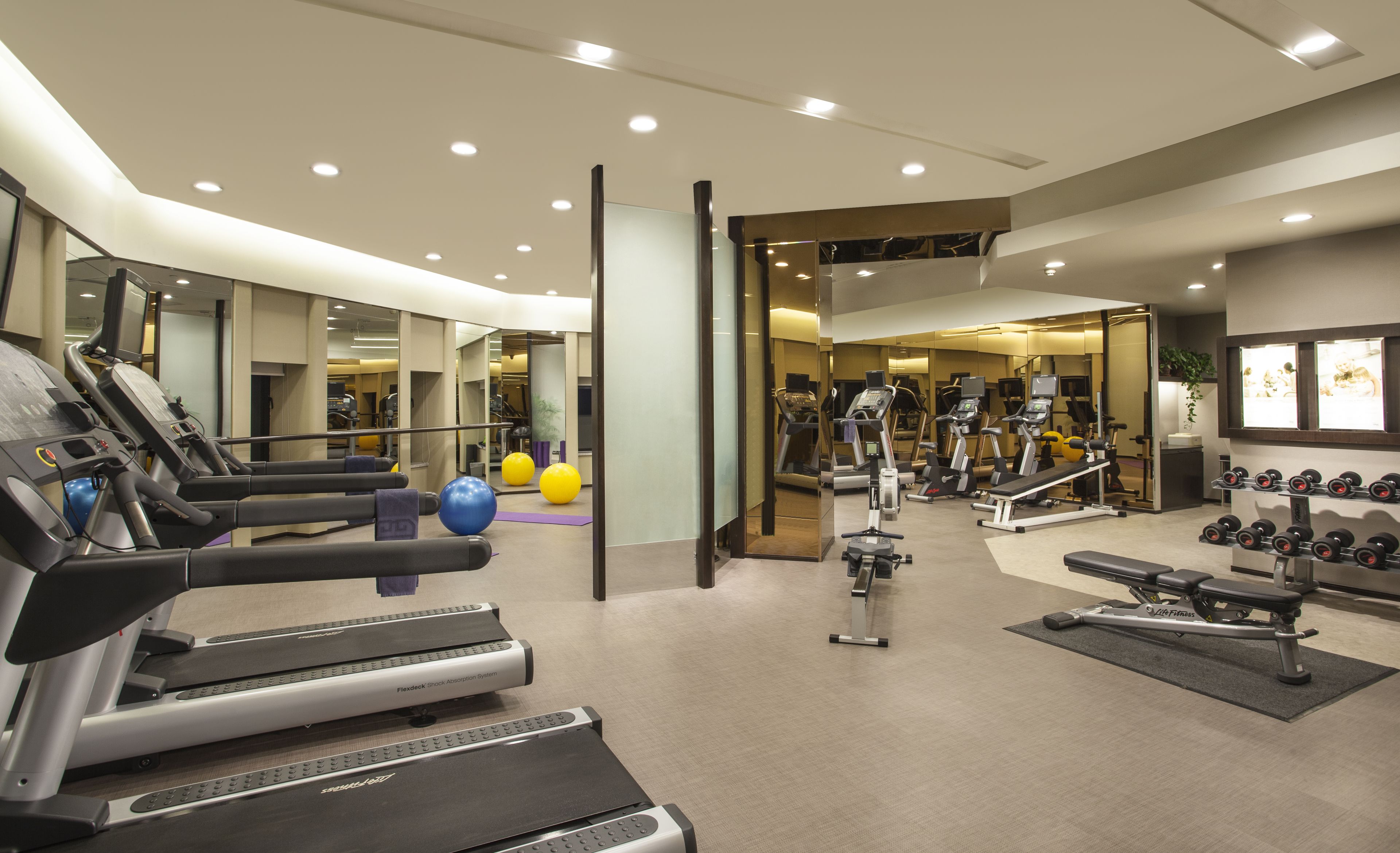 A modern gym with treadmills, weight machines, and exercise balls.