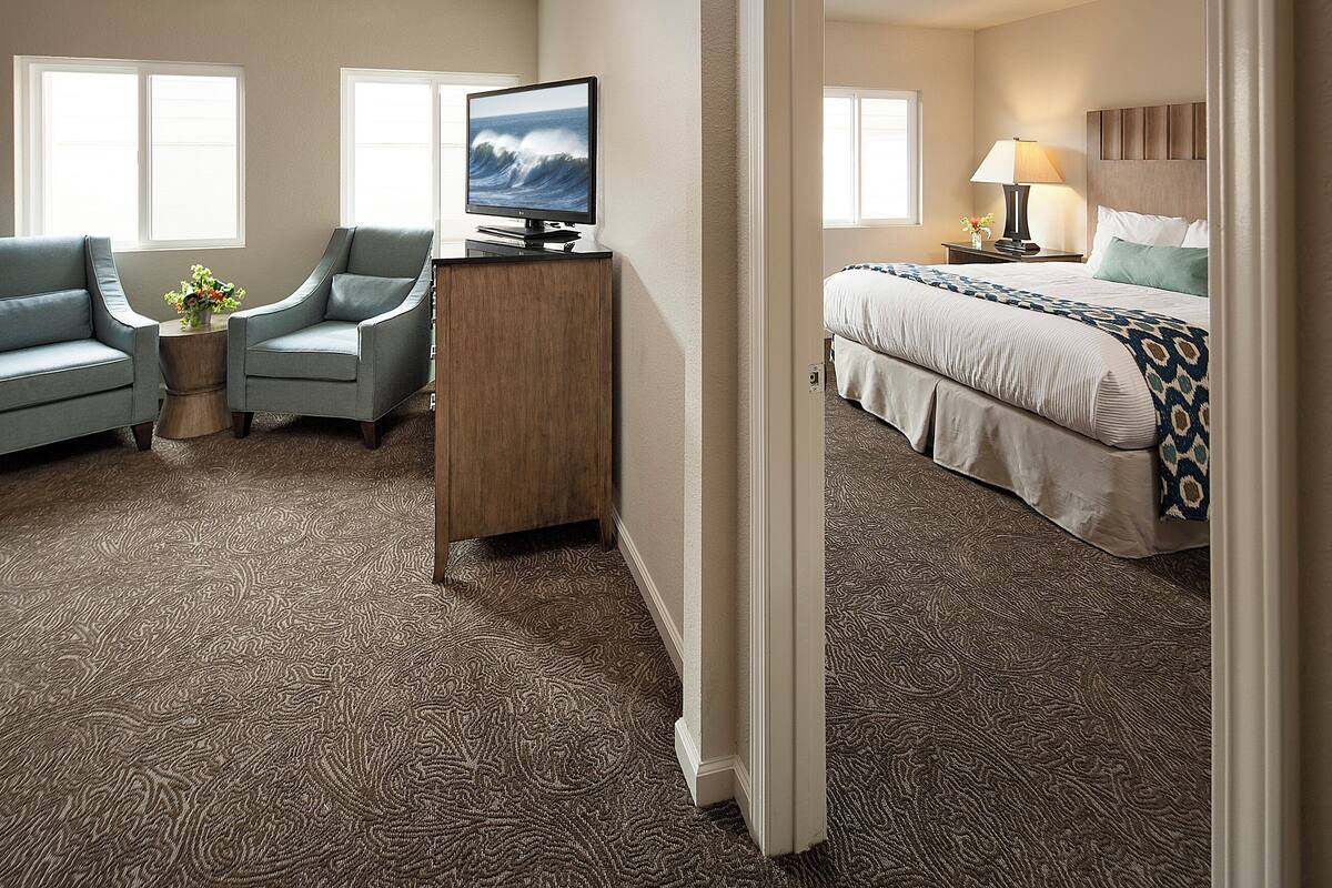 A hotel room with a bed, a desk with a TV, two armchairs, and a small side table with a plant.