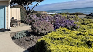 A coastal property with a view of the ocean, a wooden fence, and a blue door. - Cambria Landing Inn & Suites (Cambria)