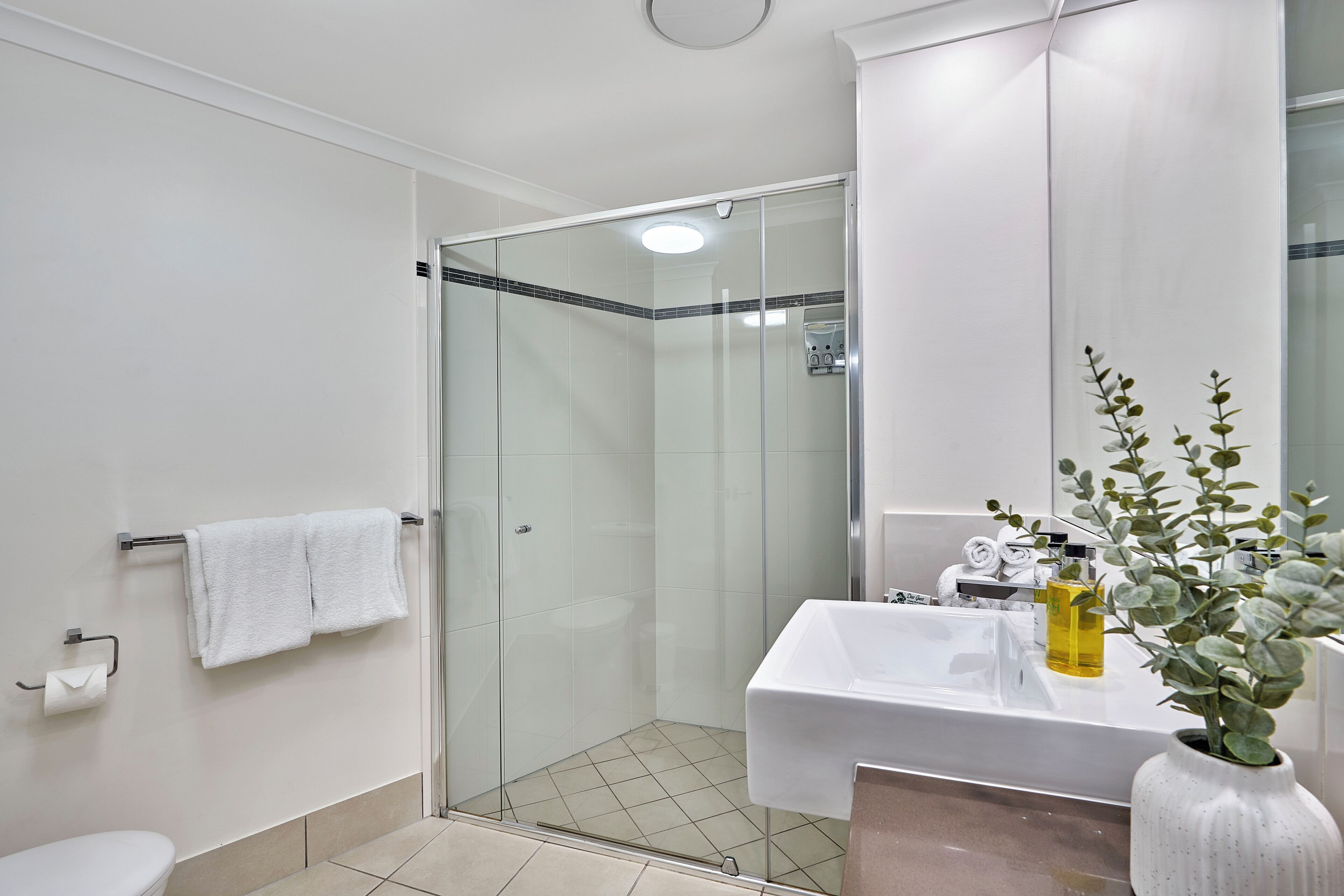 A modern bathroom with a glass shower enclosure, a white sink, and a mirror.