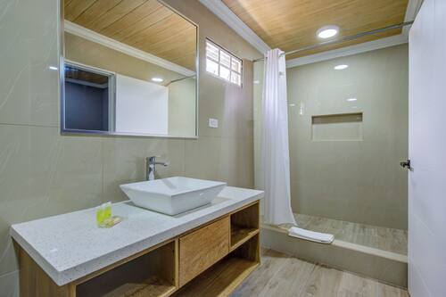 Shower, hair dryer, towels