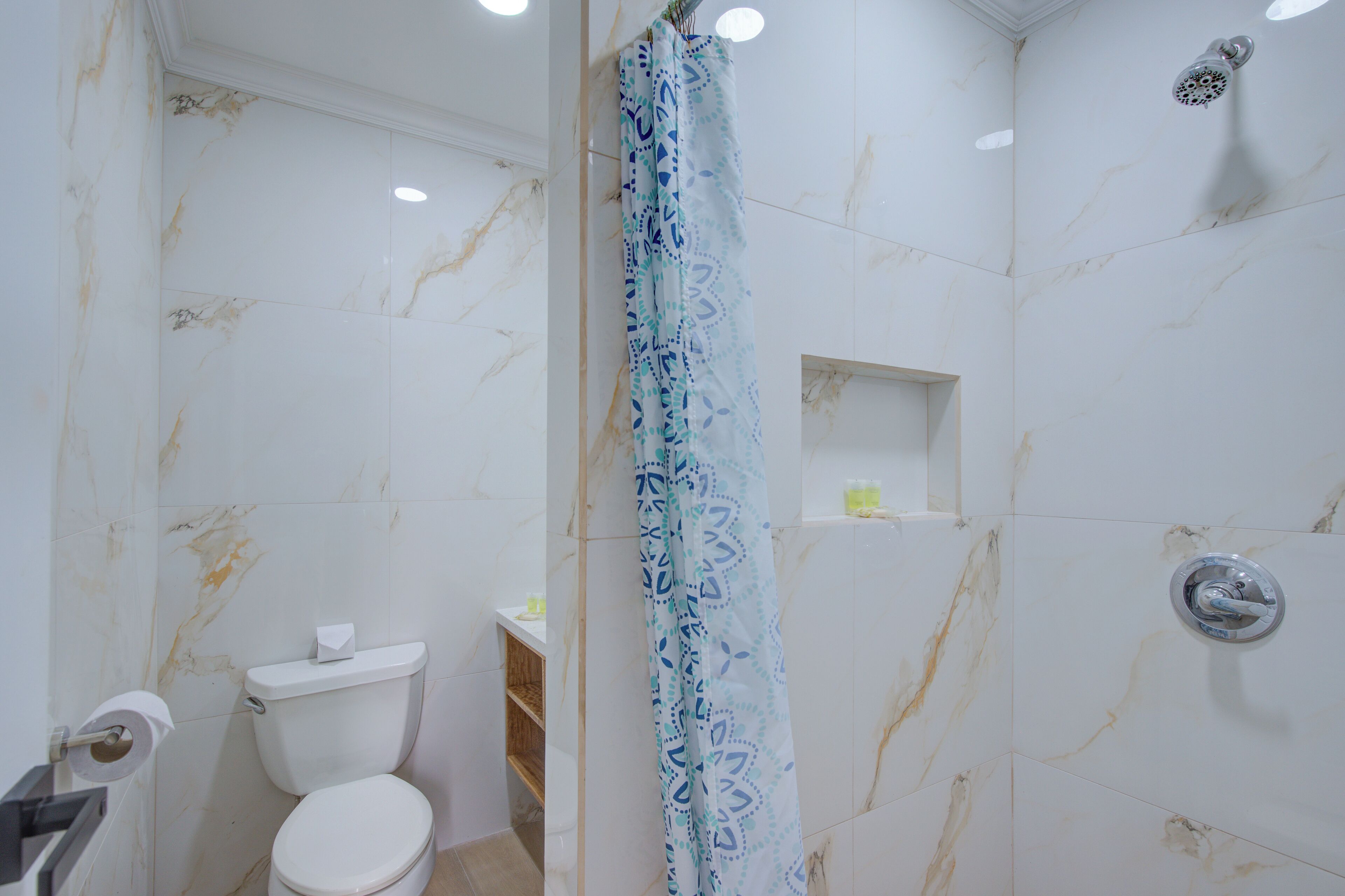 A bathroom with a toilet, a shower, and a marble wall.
